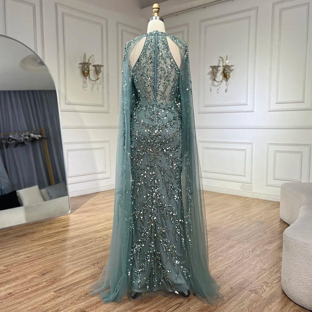 Luxury Caramel Arabic Beaded Mermaid Evening Dress with Cape Sleeves LA72652 - SERENE HILL