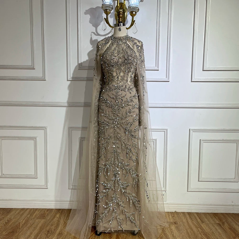 Luxury Caramel Arabic Beaded Mermaid Evening Dress with Cape Sleeves LA72652 - SERENE HILL