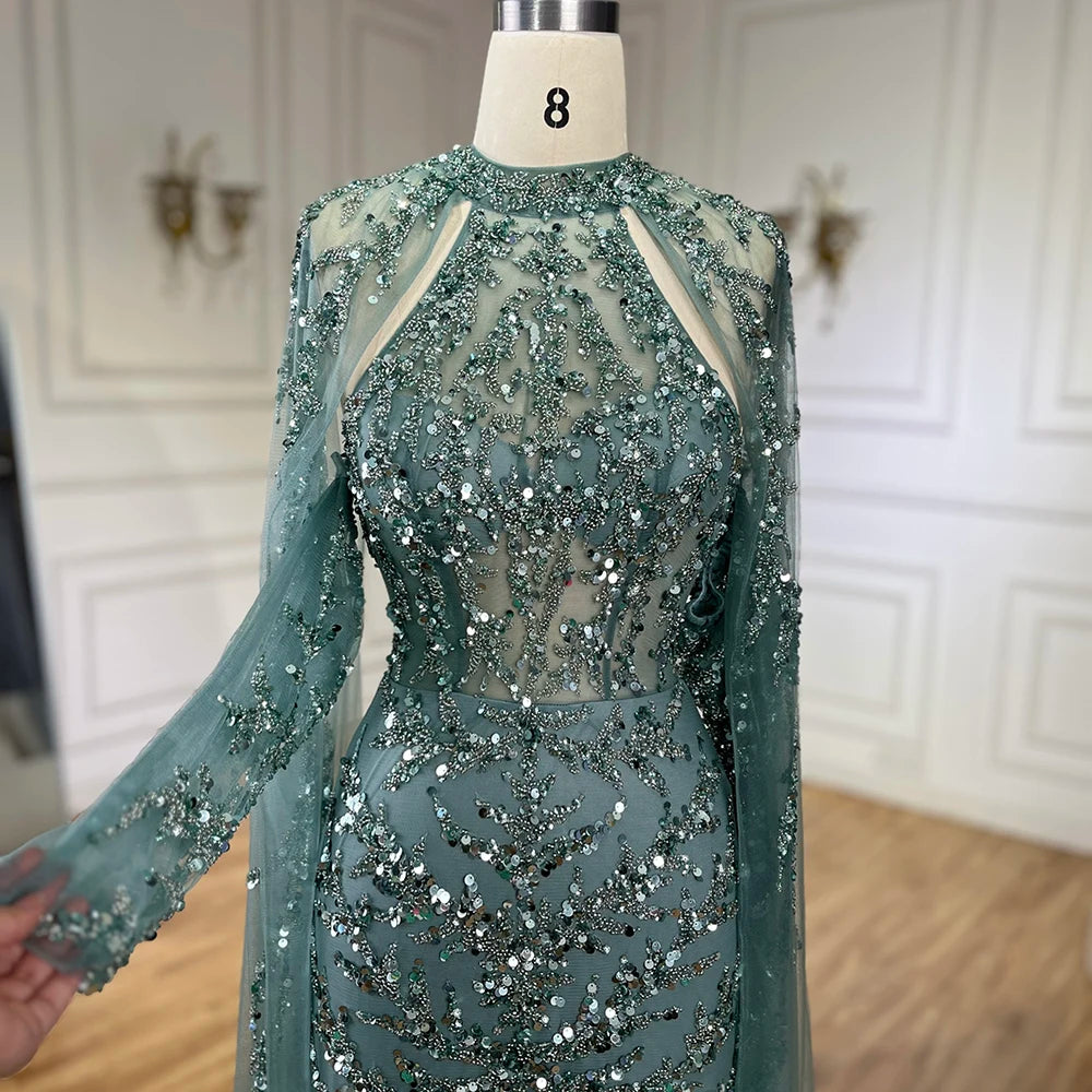 Luxury Caramel Arabic Beaded Mermaid Evening Dress with Cape Sleeves LA72652 - SERENE HILL
