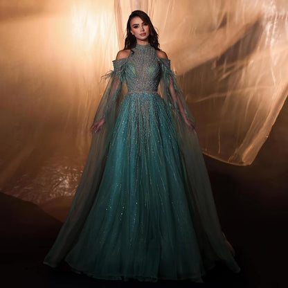 Serene Hill 2025 Arabic Turquoise Cape Sleeves A-Line Beaded Feathers Long Evening Gowns for Women Wedding Party LA72644 - SERENE HILL
