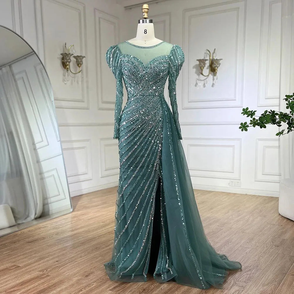 Serene Hill 2025 Arabic Turquoise Mermaid Split Beaded Luxury Dubai Long Evening Dresses Gowns for Women Wedding Party LA72448 - SERENE HILL
