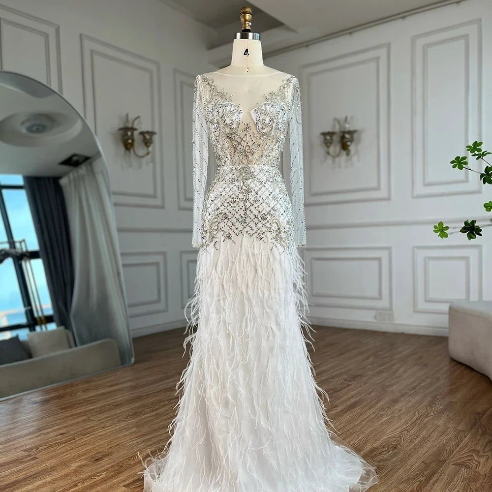 Serene Hill 2025 Arabic White Mermaid Luxury Dubai Evening Gown with Feathers Beaded Dress for Women&