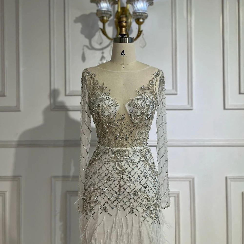 Serene Hill 2025 Arabic White Mermaid Luxury Dubai Evening Gown with Feathers Beaded Dress for Women&