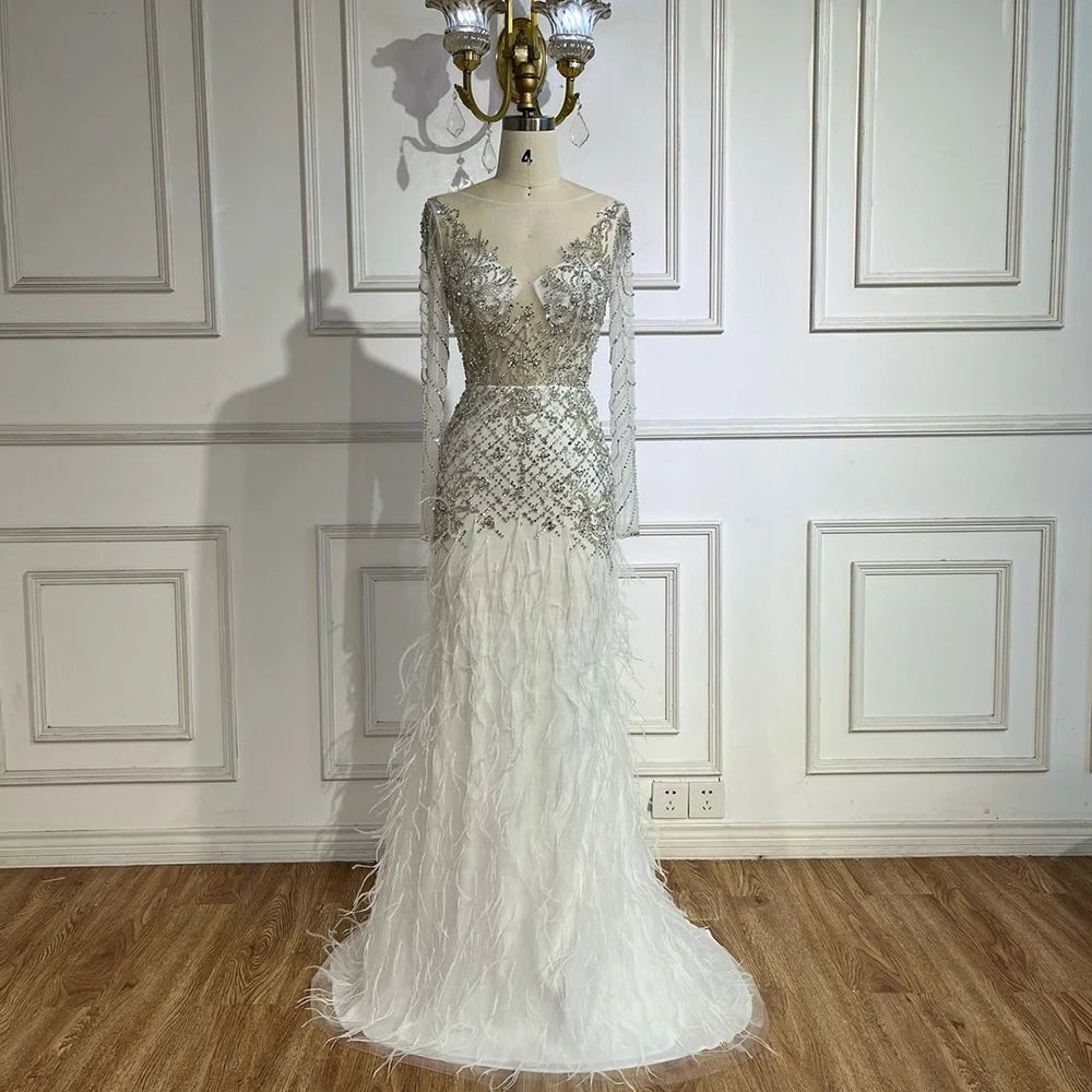 Serene Hill 2025 Arabic White Mermaid Luxury Dubai Evening Gown with Feathers Beaded Dress for Women&