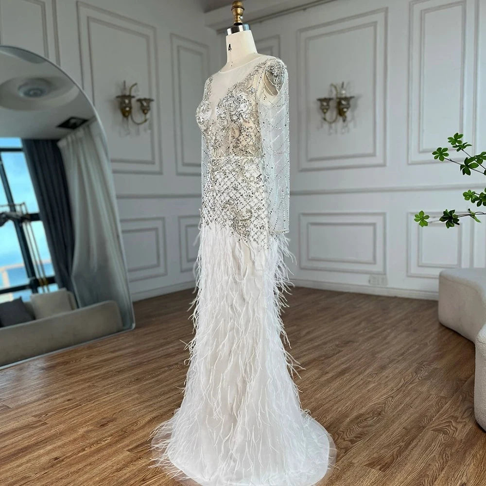Serene Hill 2025 Arabic White Mermaid Luxury Dubai Evening Gown with Feathers Beaded Dress for Women&