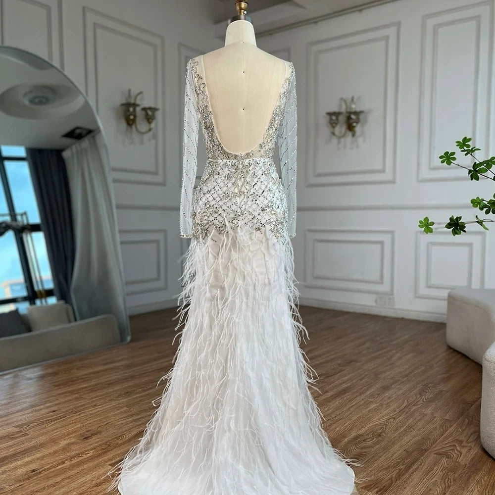 Serene Hill 2025 Arabic White Mermaid Luxury Dubai Evening Gown with Feathers Beaded Dress for Women&