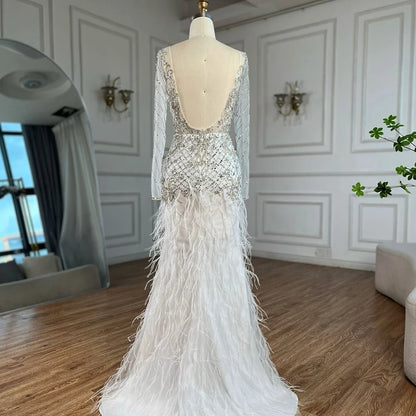 Serene Hill 2025 Arabic White Mermaid Luxury Dubai Evening Gown with Feathers Beaded Dress for Women&
