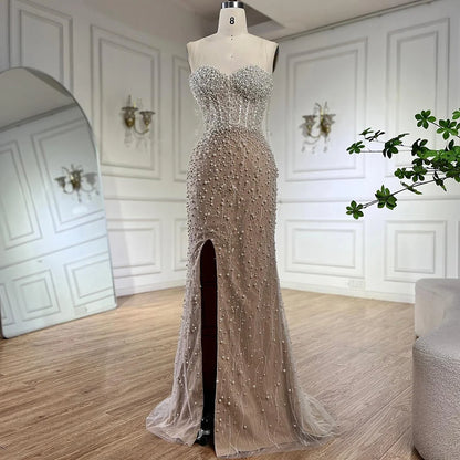 Serene Hill Arabic White Nude Mermaid Gown Pearls Beading High Split Luxury Dubai Evening Dress for Women&