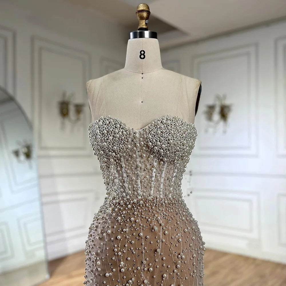 Serene Hill Arabic White Nude Mermaid Gown Pearls Beading High Split Luxury Dubai Evening Dress for Women&