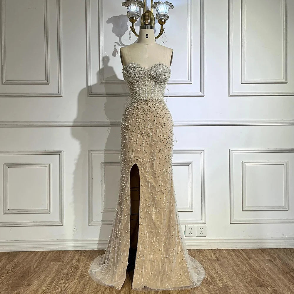 Serene Hill Arabic White Nude Mermaid Gown Pearls Beading High Split Luxury Dubai Evening Dress for Women&