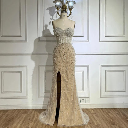 Serene Hill Arabic White Nude Mermaid Gown Pearls Beading High Split Luxury Dubai Evening Dress for Women&