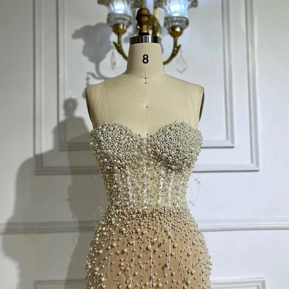 Serene Hill Arabic White Nude Mermaid Gown Pearls Beading High Split Luxury Dubai Evening Dress for Women&