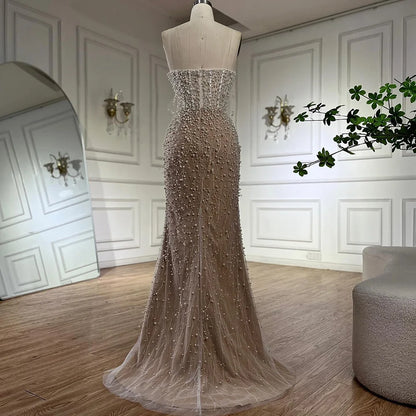 Serene Hill Arabic White Nude Mermaid Gown Pearls Beading High Split Luxury Dubai Evening Dress for Women&