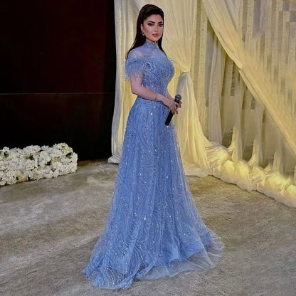 Serene Hill 2025 Arabic blue A Line Short Sleeveless Luxury Evening Dresses Beaded Feathers For Women Wedding Party LA72351 - SERENE HILL
