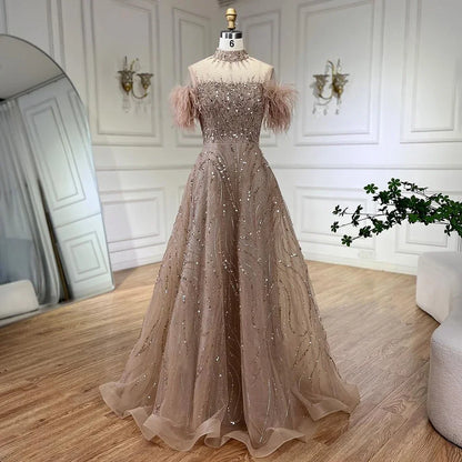 Serene Hill 2025 Arabic blue A Line Short Sleeveless Luxury Evening Dresses Beaded Feathers For Women Wedding Party LA72351 - SERENE HILL