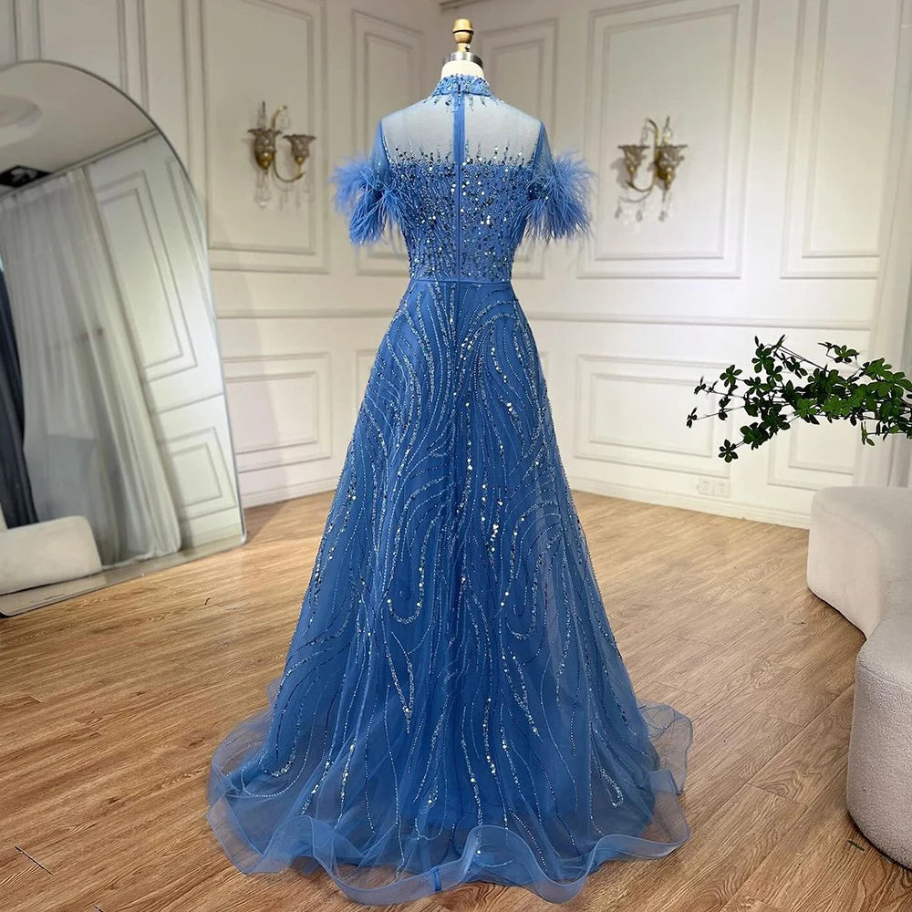 Serene Hill 2025 Arabic blue A Line Short Sleeveless Luxury Evening Dresses Beaded Feathers For Women Wedding Party LA72351 - SERENE HILL