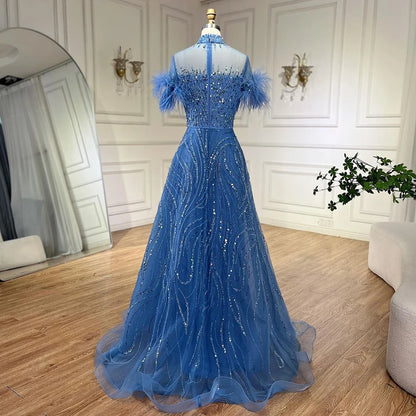 Serene Hill 2025 Arabic blue A Line Short Sleeveless Luxury Evening Dresses Beaded Feathers For Women Wedding Party LA72351 - SERENE HILL