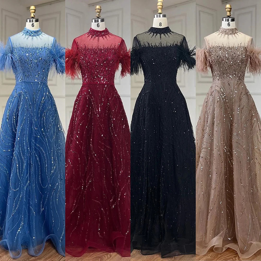 Serene Hill 2025 Arabic blue A Line Short Sleeveless Luxury Evening Dresses Beaded Feathers For Women Wedding Party LA72351 - SERENE HILL
