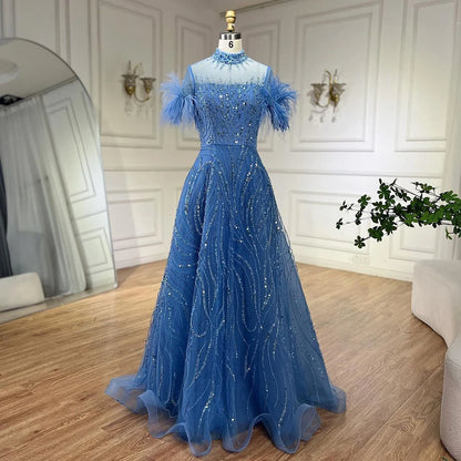 Serene Hill 2025 Arabic blue A Line Short Sleeveless Luxury Evening Dresses Beaded Feathers For Women Wedding Party LA72351 - SERENE HILL