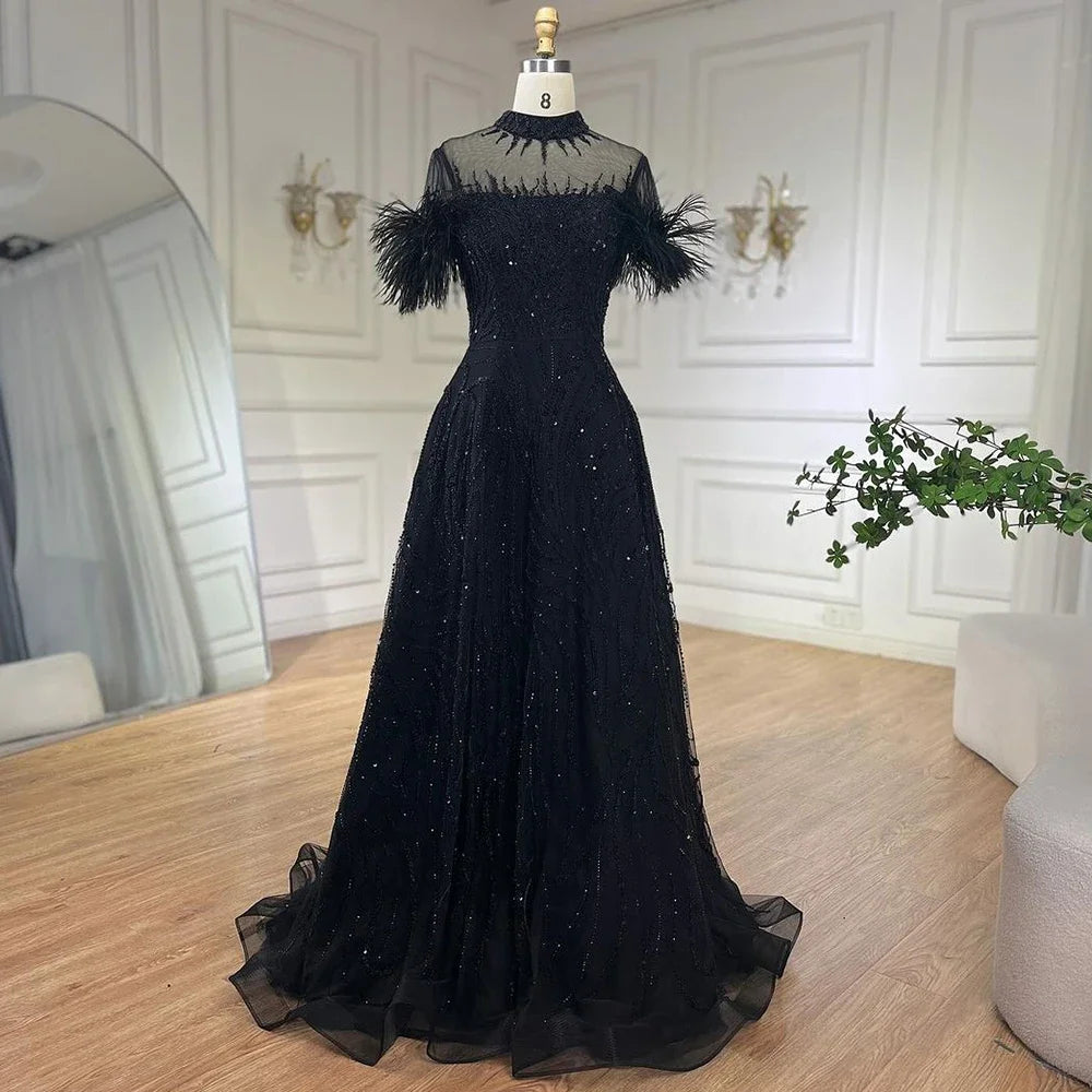 Serene Hill 2025 Arabic blue A Line Short Sleeveless Luxury Evening Dresses Beaded Feathers For Women Wedding Party LA72351 - SERENE HILL