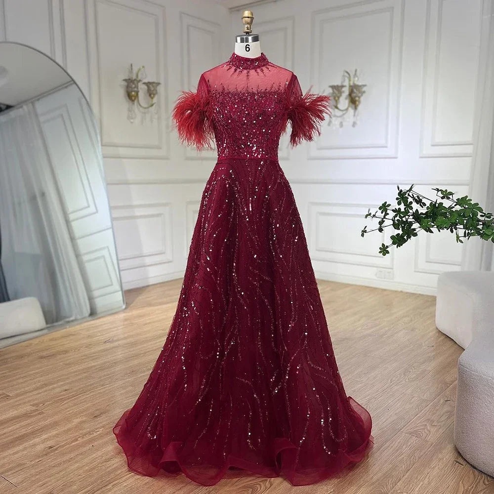 Serene Hill 2025 Arabic blue A Line Short Sleeveless Luxury Evening Dresses Beaded Feathers For Women Wedding Party LA72351 - SERENE HILL
