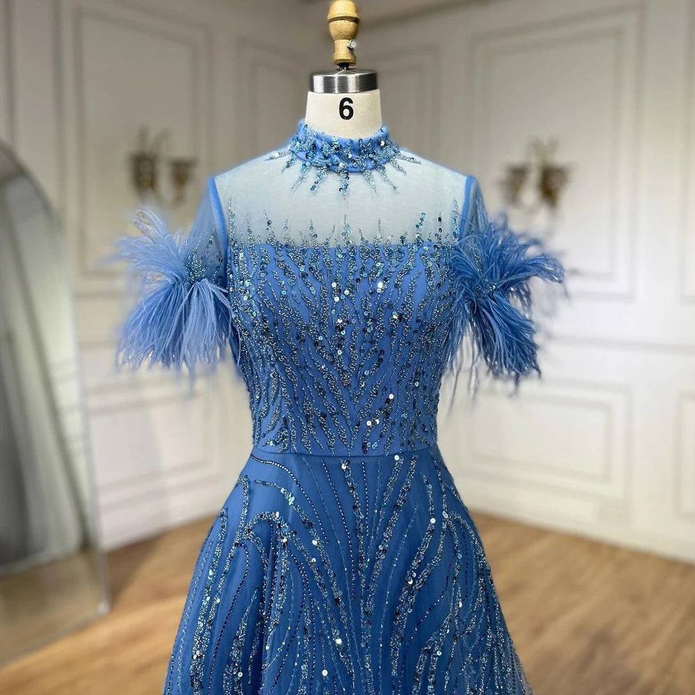 Serene Hill 2025 Arabic blue A Line Short Sleeveless Luxury Evening Dresses Beaded Feathers For Women Wedding Party LA72351 - SERENE HILL