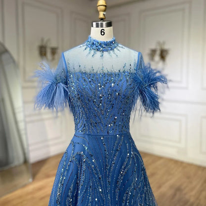 Serene Hill 2025 Arabic blue A Line Short Sleeveless Luxury Evening Dresses Beaded Feathers For Women Wedding Party LA72351 - SERENE HILL