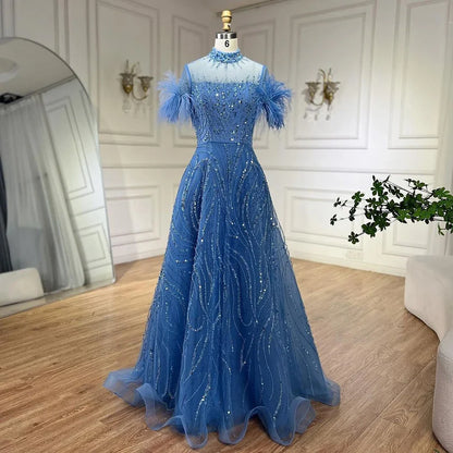 Serene Hill 2025 Arabic blue A Line Short Sleeveless Luxury Evening Dresses Beaded Feathers For Women Wedding Party LA72351 - SERENE HILL