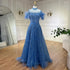 Serene Hill 2025 Arabic blue A Line Short Sleeveless Luxury Evening Dresses Beaded Feathers For Women Wedding Party LA72351 - SERENE HILL