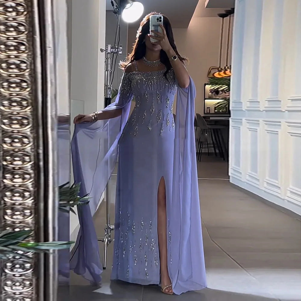 Lilac Mermaid Evening Dress with Cape Sleeves Luxury Wedding Party Gowns LA72407 - SERENE HILL