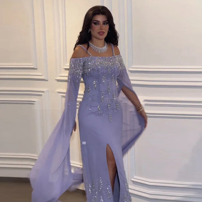 Lilac Mermaid Evening Dress with Cape Sleeves Luxury Wedding Party Gowns LA72407 - SERENE HILL