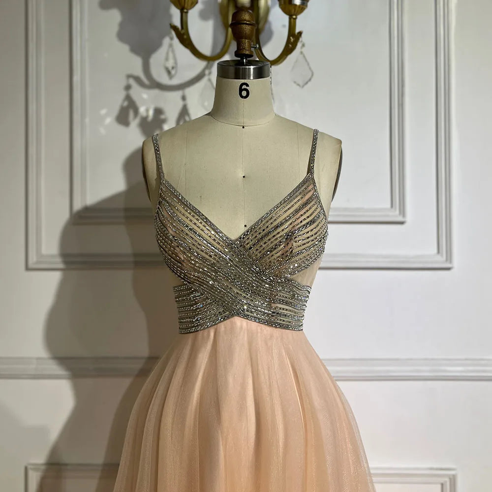 gold and peach prom dress Serene Hill 2025 Arabic peach Elegant Spaghetti Strap Beaded A-Line Prom Dress for Women