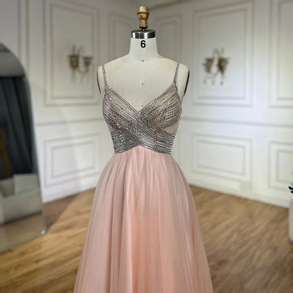 Serene Hill 2025 Arabic peach Elegant Spaghetti Strap Beaded A-Line Prom Dress for Women | Wedding Party LA72629 - SERENE HILL