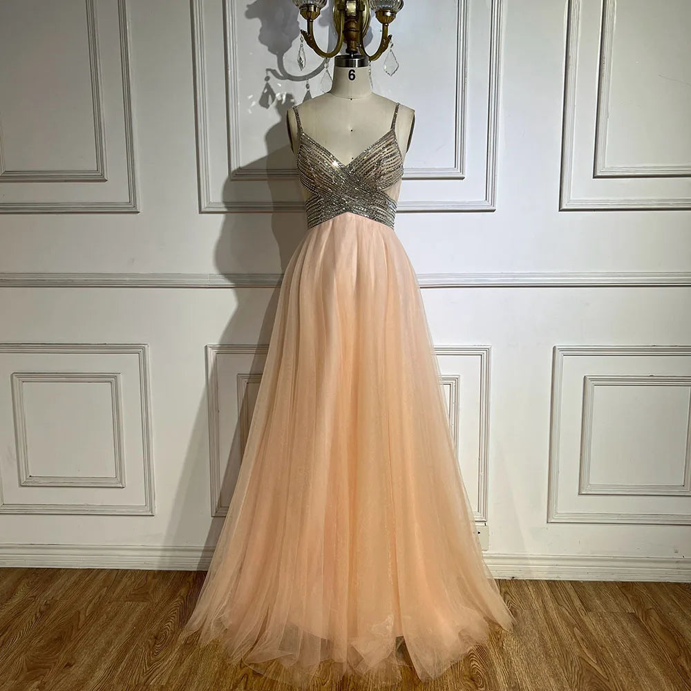 Serene Hill 2025 Arabic peach Elegant Spaghetti Strap Beaded A-Line Prom Dress for Women | Wedding Party LA72629 peach / 6 Serene Hill 2025 Arabic peach Elegant Spaghetti Strap Beaded A-Line Prom Dress for Women | Wedding Party LA72629 peach / 6