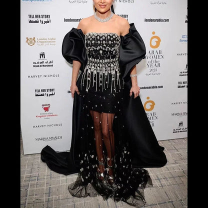 Luxury Arabic Black Crystal Evening Dress With Cape LA72002 - SERENE HILL