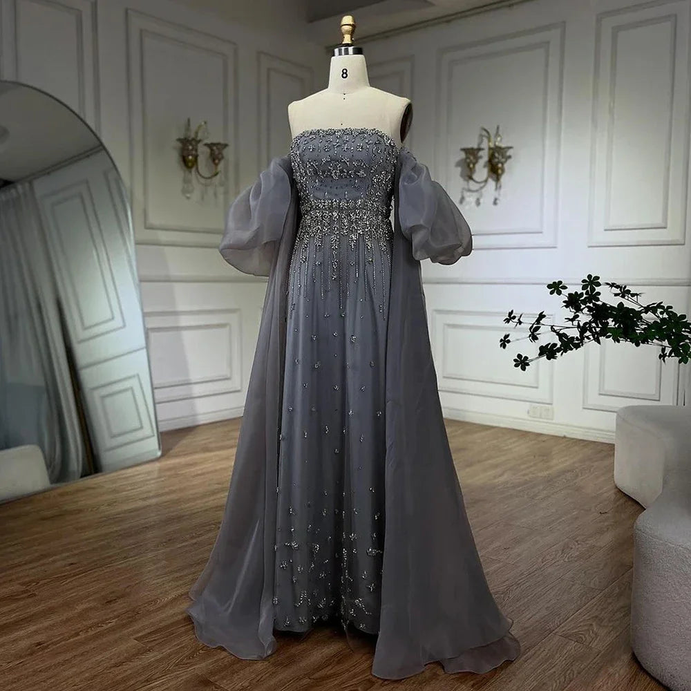 Luxury Arabic Black Crystal Evening Dress With Cape LA72002 - SERENE HILL