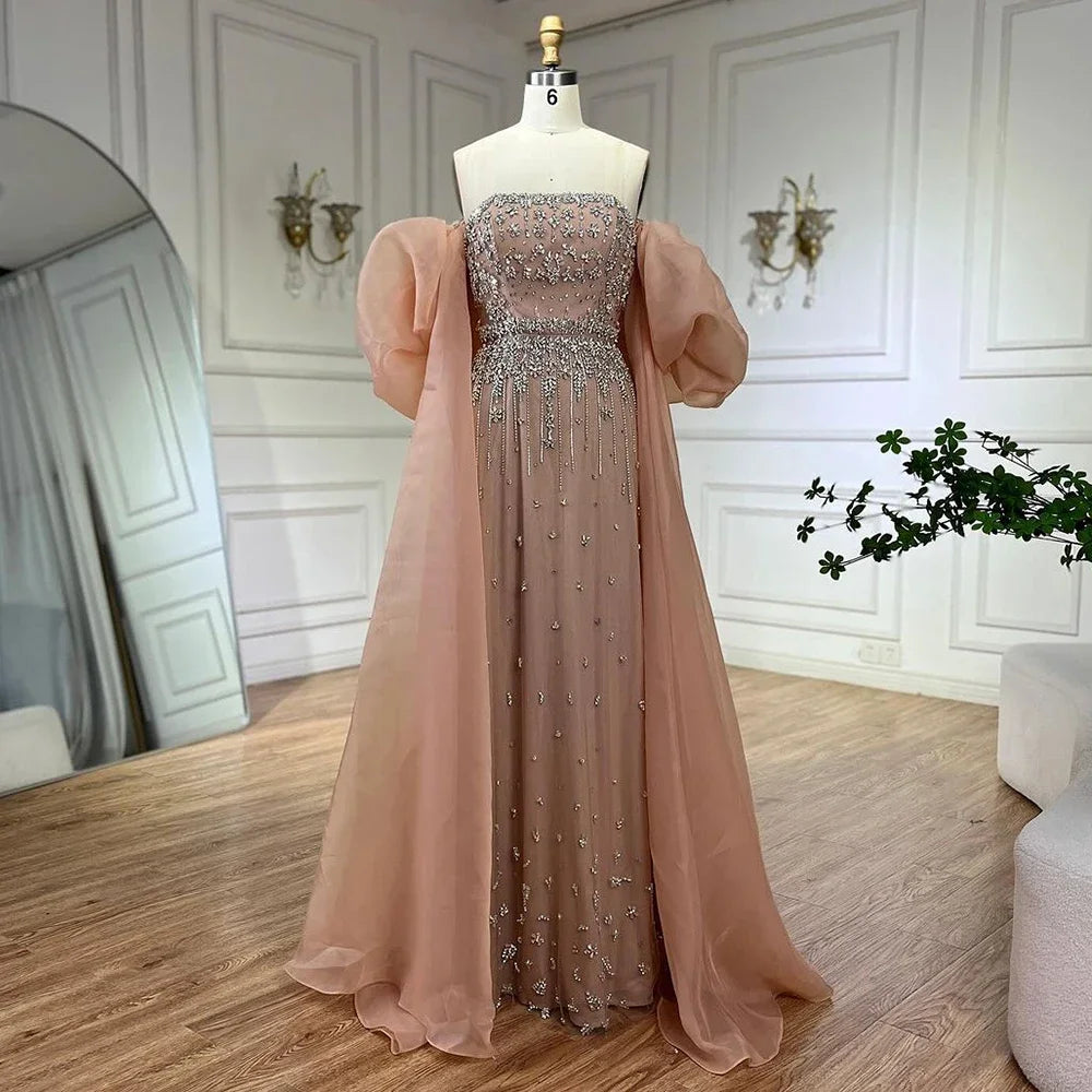 Luxury Arabic Black Crystal Evening Dress With Cape LA72002 - SERENE HILL