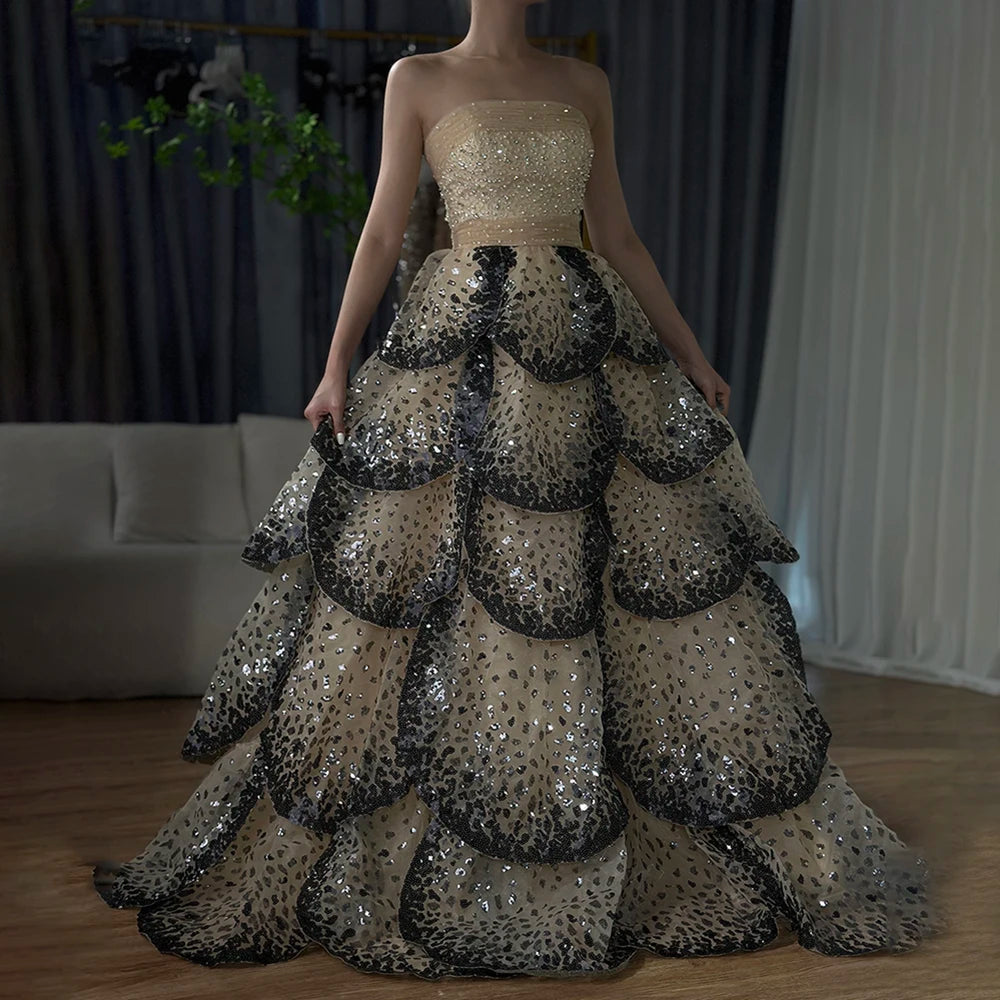 Luxury Dubai Black Nude Luxury Saudi Evening Dresses with Sparkly Sequin Tiered Ruffles for Formal Gowns LA72505A - SERENE HILL