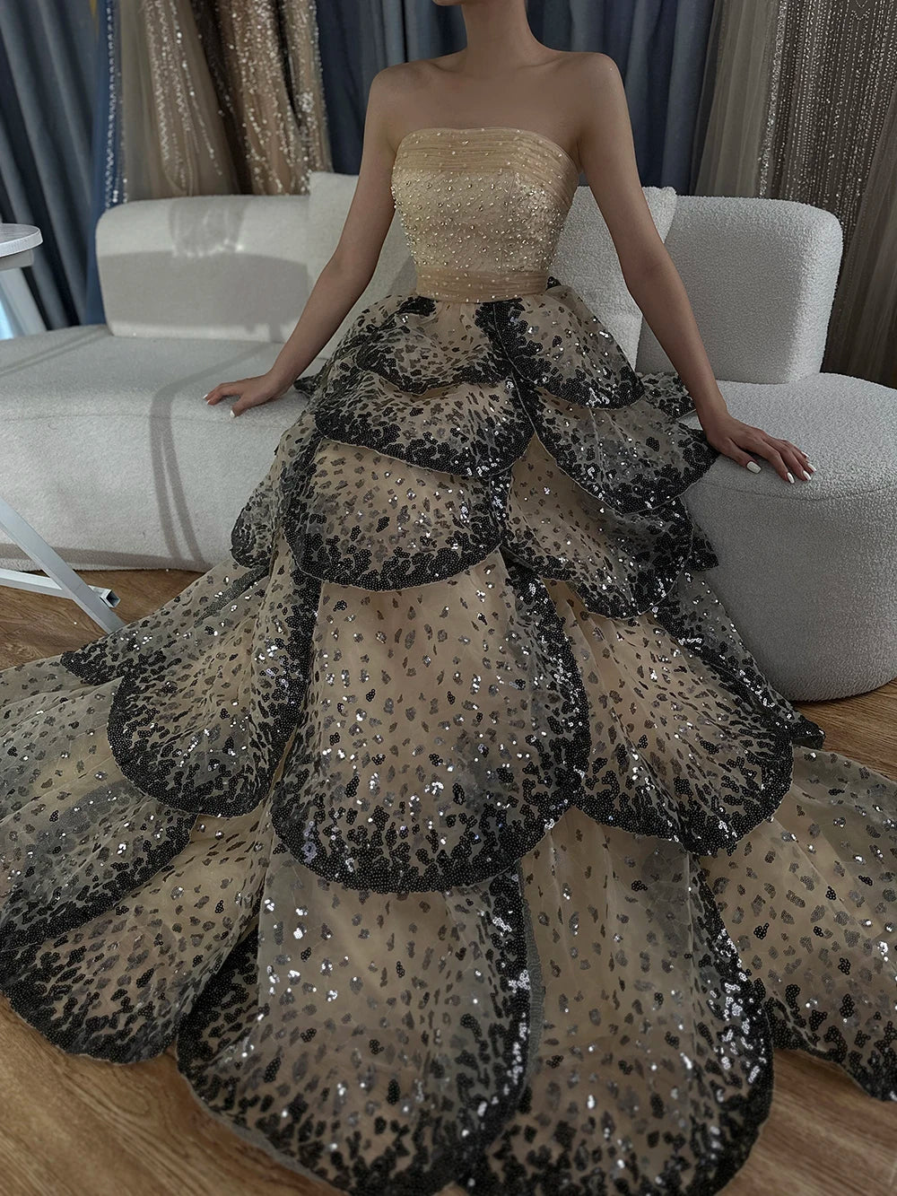 Luxury Dubai Black Nude Luxury Saudi Evening Dresses with Sparkly Sequin Tiered Ruffles for Formal Gowns LA72505A - SERENE HILL