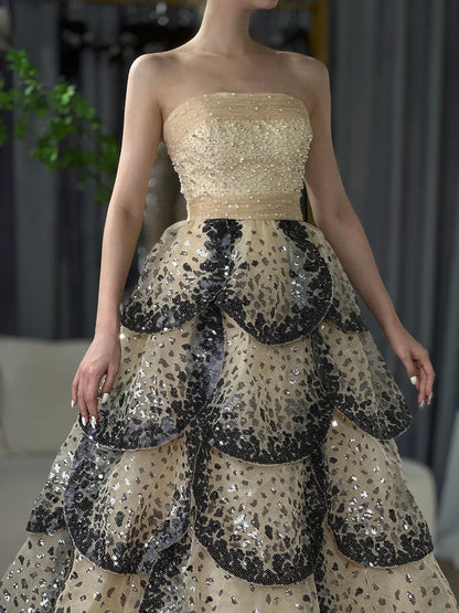 Luxury Dubai Black Nude Luxury Saudi Evening Dresses with Sparkly Sequin Tiered Ruffles for Formal Gowns LA72505A - SERENE HILL