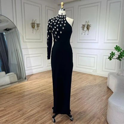 Serene Hill 2025 Black One Shoulder Elegant Split Side with Crystal Beaded Mermaid Evening Dress Gowns for Women&