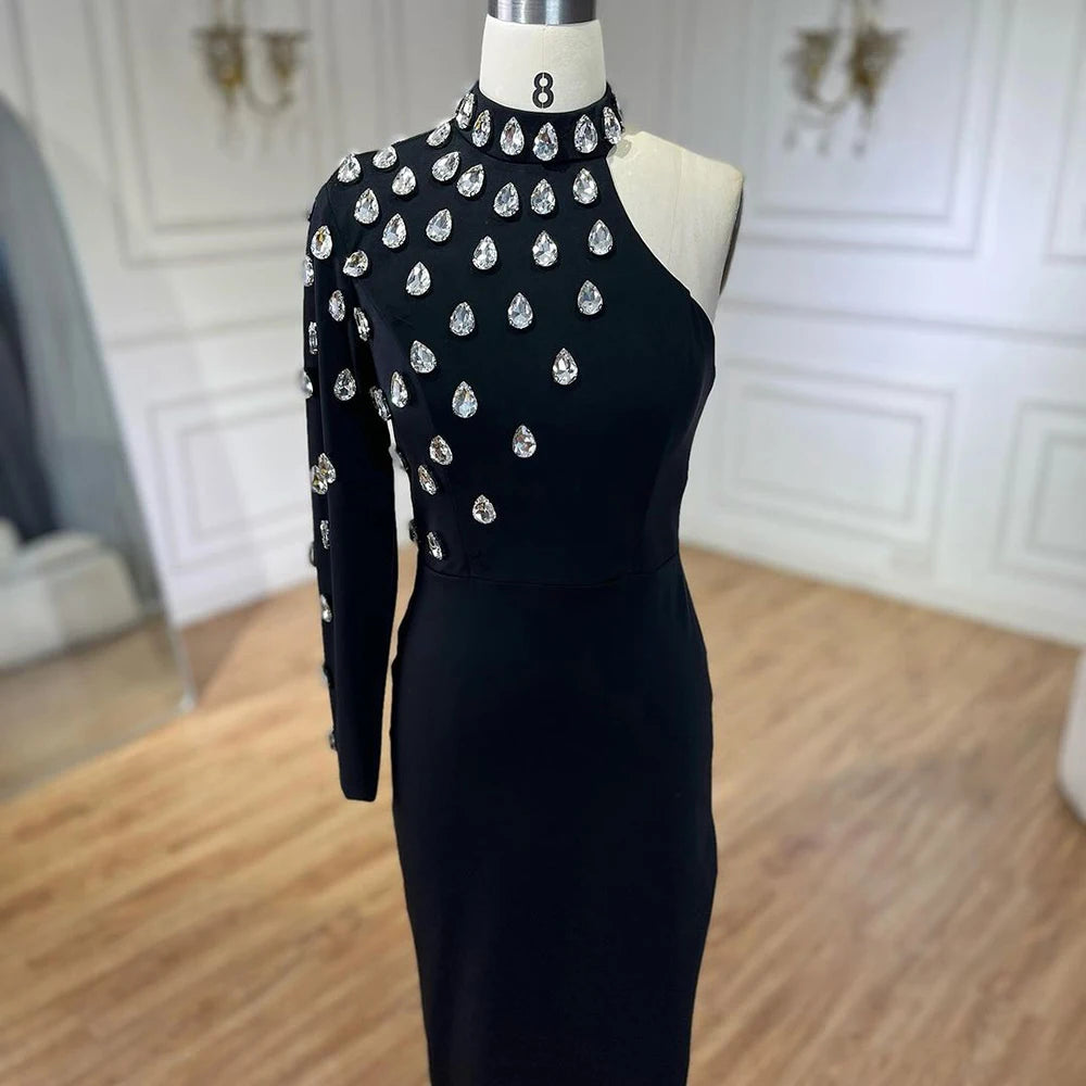 Serene Hill 2025 Black One Shoulder Elegant Split Side with Crystal Beaded Mermaid Evening Dress Gowns for Women&