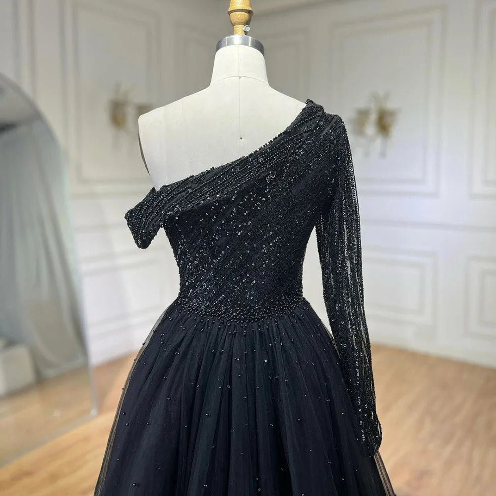 Serene Hill 2025 Black One-Shoulder With Overskirt Luxury Beaded Formal Occasion Evening Dresses Gowns for Women Party LA72424A - SERENE HILL