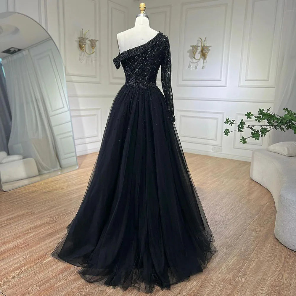 Serene Hill 2025 Black One-Shoulder With Overskirt Luxury Beaded Formal Occasion Evening Dresses Gowns for Women Party LA72424A - SERENE HILL