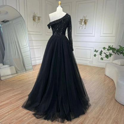 Serene Hill 2025 Black One-Shoulder With Overskirt Luxury Beaded Formal Occasion Evening Dresses Gowns for Women Party LA72424A - SERENE HILL
