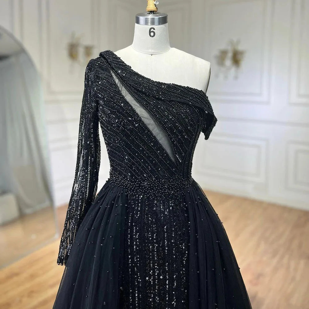 Serene Hill 2025 Black One-Shoulder With Overskirt Luxury Beaded Formal Occasion Evening Dresses Gowns for Women Party LA72424A - SERENE HILL