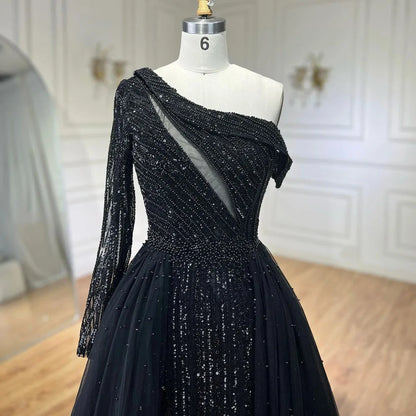 Serene Hill 2025 Black One-Shoulder With Overskirt Luxury Beaded Formal Occasion Evening Dresses Gowns for Women Party LA72424A - SERENE HILL