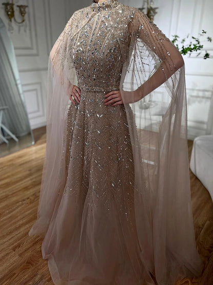 Luxury Beaded Design A-Line Blue Saudi Arabic Evening Dresses Gowns with Cape Sleeves for Formal Occasion LA72728 - SERENE HILL