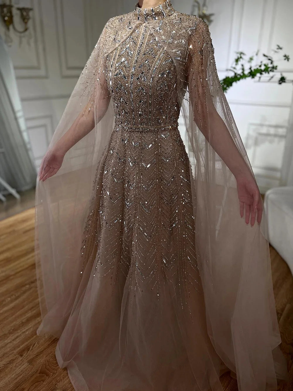 Luxury Beaded Design A-Line Blue Saudi Arabic Evening Dresses Gowns with Cape Sleeves for Formal Occasion LA72728 - SERENE HILL
