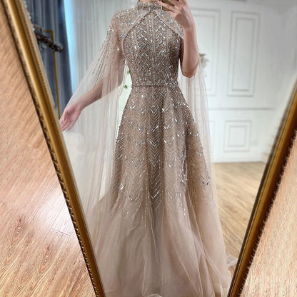 Luxury Beaded Design A-Line Blue Saudi Arabic Evening Dresses Gowns with Cape Sleeves for Formal Occasion LA72728 - SERENE HILL